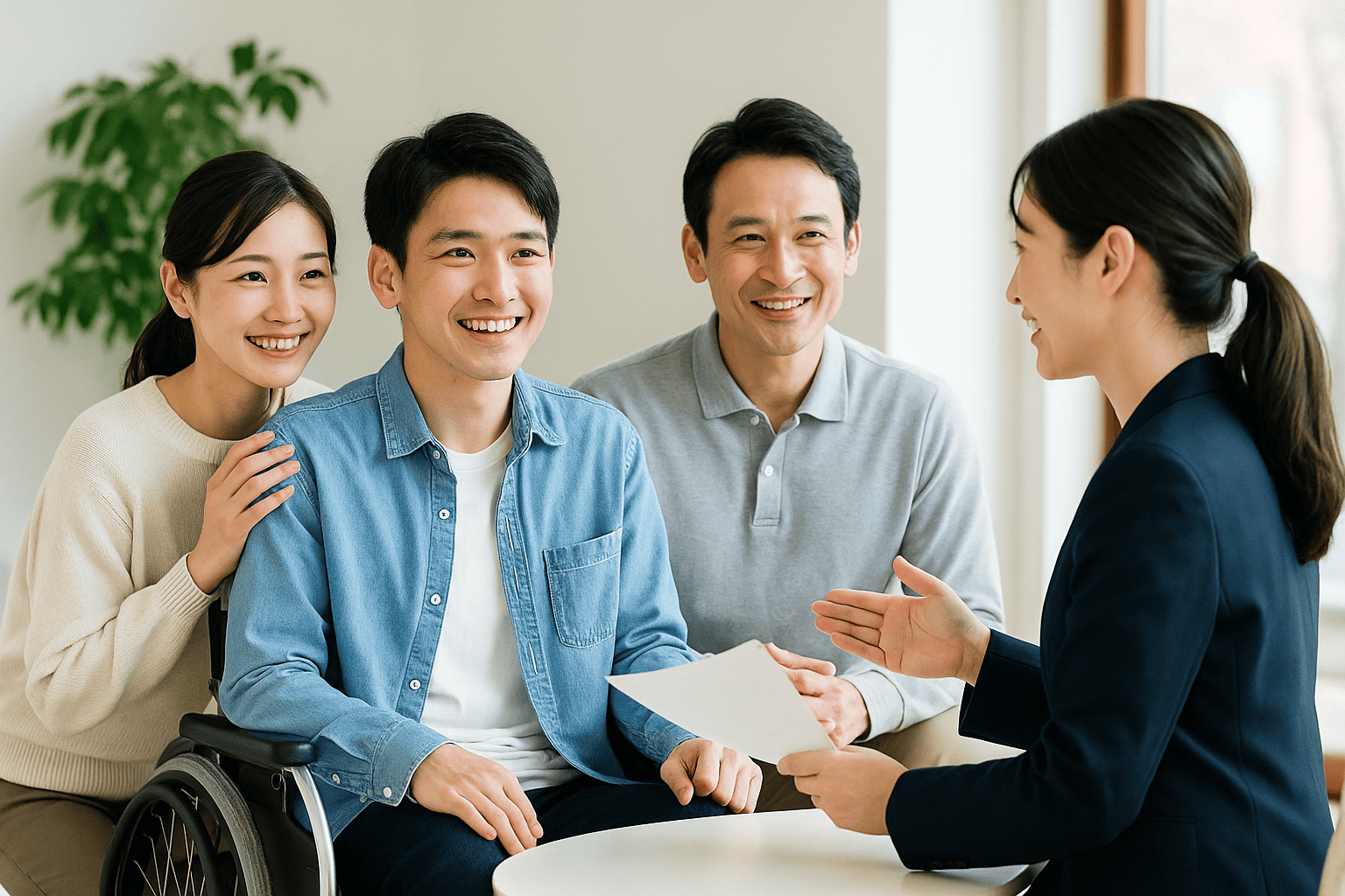 車いすの男性とその家族が相談しているイメージ